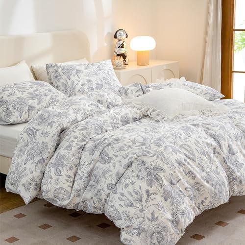 JETAYU Floral Microfiber Duvet Cover Set - Queen 3 Piece with Zipper