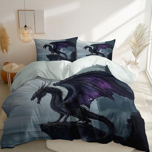 Black Purple Duvet Cover Twin XL Set with Dragon Design and Matching Pillowcases