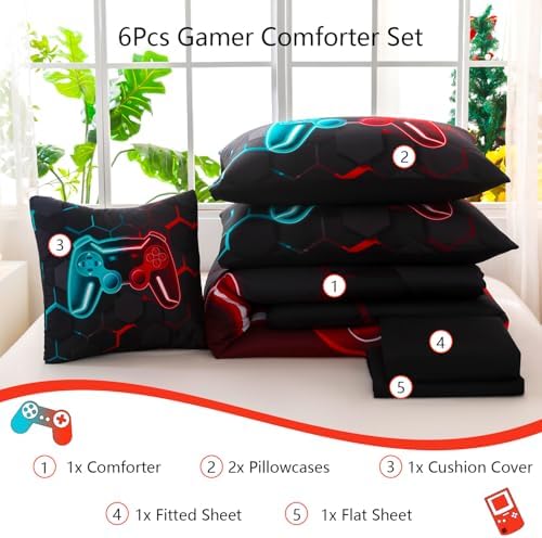 Gamer Twin Comforter Set Teal Red 6-Piece Bed in a Bag
