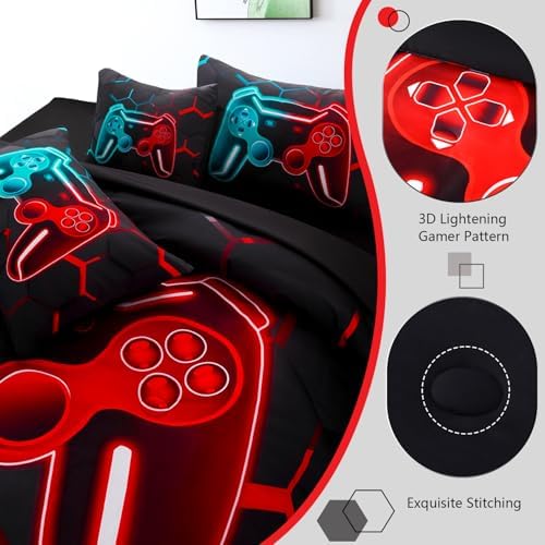 Gamer Twin Comforter Set Teal Red 6-Piece Bed in a Bag