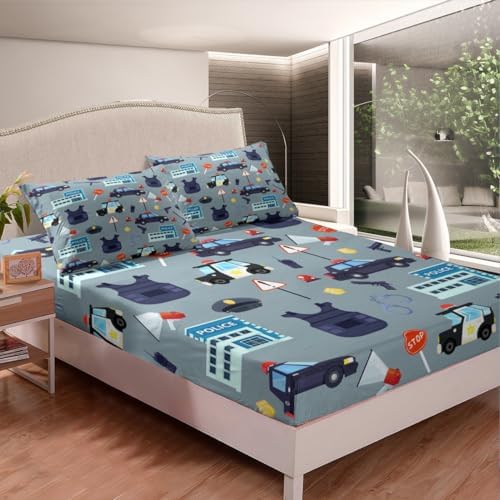 Manfei Cartoon Police Car Fitted Sheet Set Twin Size
