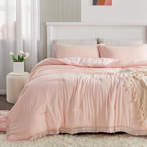 DECMAY Light Pink Twin Comforter Set with Tassels and Pillowcase