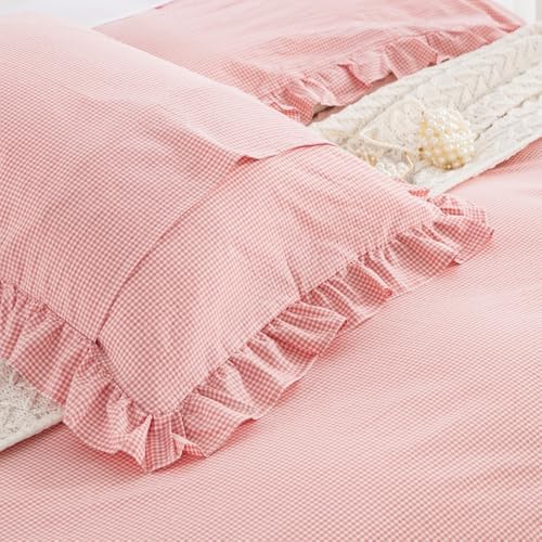 DAUAOTO Duvet Cover Set with Ruffle 100 Cotton Checkered Gingham Pink