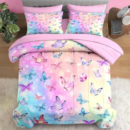 Pink Blue Butterfly Comforter Set Twin Size 5 Pcs