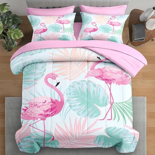 Pamnest Queen Comforter Set 7 Pcs Tropical Flamingo Pink
