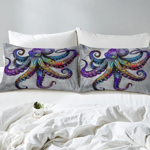 Feelyou Octopus Bed Sheet Set with Boho Purple Kraken Print