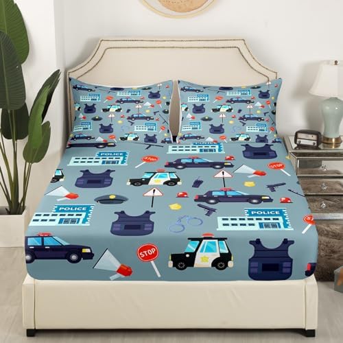 Manfei Cartoon Police Car Fitted Sheet Set Twin Size