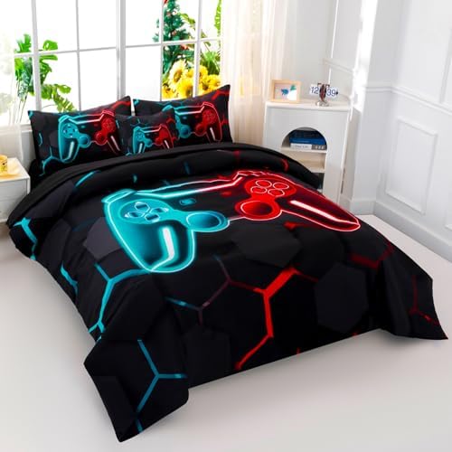 Gamer Twin Comforter Set Teal Red 6-Piece Bed in a Bag