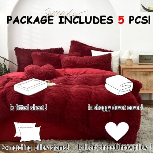 MorroMorn Luxury Shag Fluffy Duvet Cover Set - 5 Pcs Red