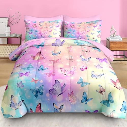Pink Blue Butterfly Comforter Set Twin Size 5 Pcs