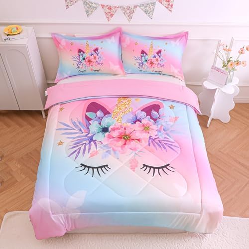 VIVILINEN Rainbow Unicorn Queen Comforter Set