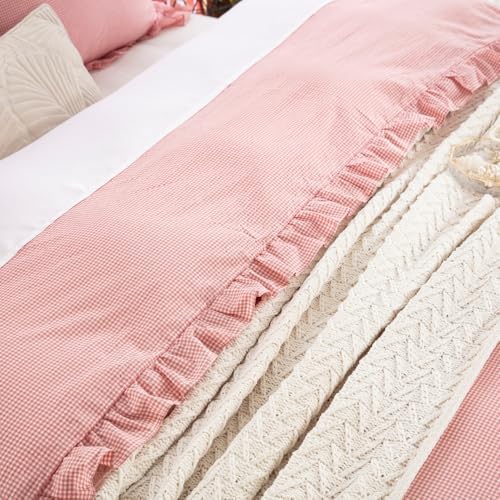 DAUAOTO Duvet Cover Set with Ruffle 100 Cotton Checkered Gingham Pink