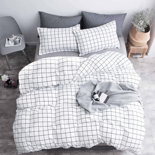 Nanko Twin Duvet Cover Set White Plaid Microfiber