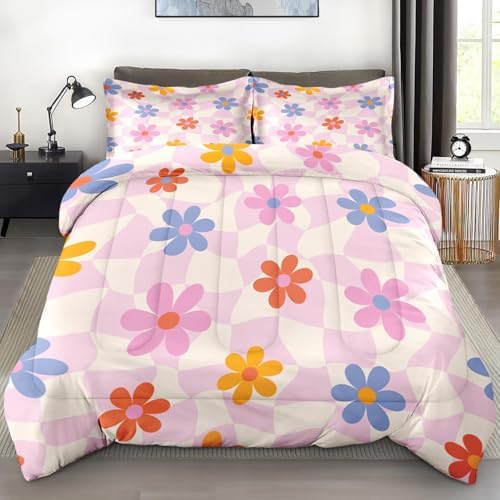 Pamnest Comforter Set Full Size Retro Daisy Pink 3 Pcs