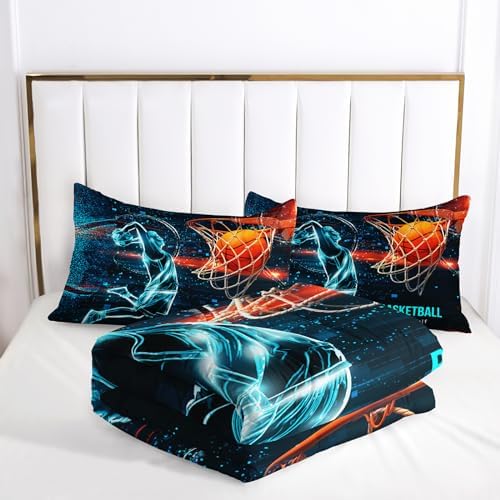 Sports Comforter Set Boys Basketball Full Size Blue Black