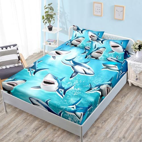 HOSIMA Teens Shark Print Fitted Sheet Set Twin