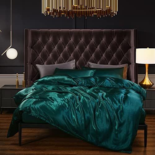 Satin Duvet Cover Set 3 Pieces Dark Green Luxury