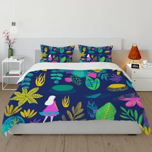 LINGINkevin Cute Cartoon Tropical Plants Duvet Cover Set 3 Piece