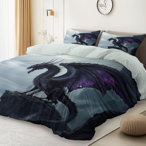 Black Purple Duvet Cover Twin XL Set with Dragon Design and Matching Pillowcases