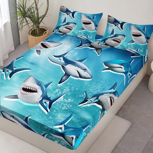 HOSIMA Teens Shark Print Fitted Sheet Set Twin