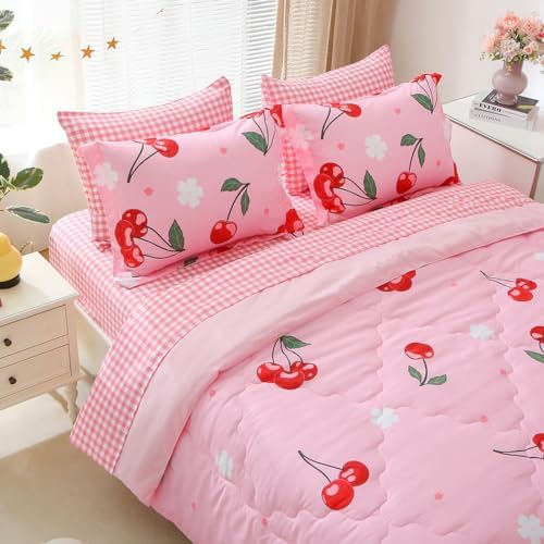 Gusuhome Girls Pink Cherry Comforter Bedding Set 7 Piece