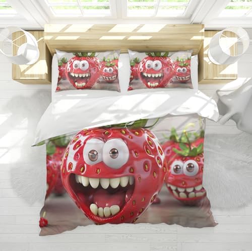 HOBBOY Cartoon Strawberry Duvet Cover Set 3 Pieces