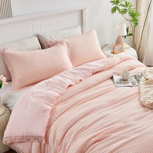 DECMAY Light Pink Twin Comforter Set with Tassels and Pillowcase