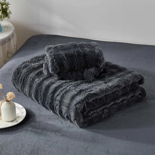 YASMENG Fluffy Faux Rabbit Fur Duvet Cover Set Queen Size Grey