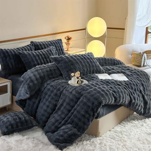 YASMENG Fluffy Faux Rabbit Fur Duvet Cover Set Queen Size Grey