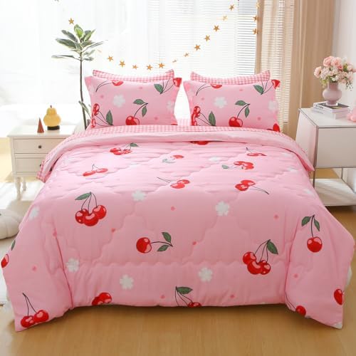 Gusuhome Girls Pink Cherry Comforter Bedding Set 7 Piece