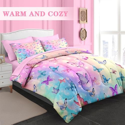 Pink Blue Butterfly Comforter Set Twin Size 5 Pcs