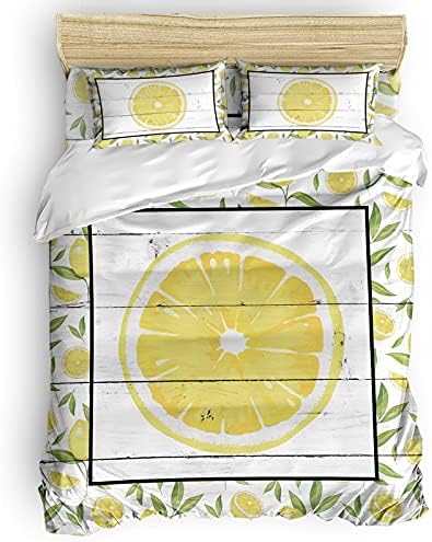 LooPoP 4PCS California King Duvet Cover Set - Floral Fruit Lemon Pattern
