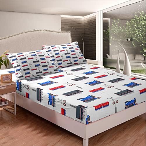 Erosebridal Red Blue Train Fitted Sheet Set for Kids