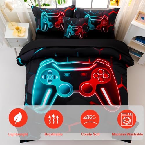 Gamer Twin Comforter Set Teal Red 6-Piece Bed in a Bag