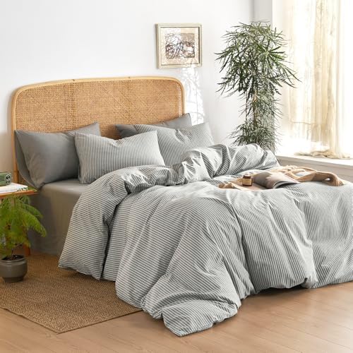 Wake In Cloud Striped Cotton Duvet Cover Set - Grey Twin Size