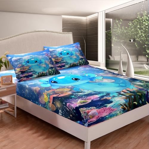 Feelyou Cute Axolotl Fitted Sheet Twin Size Kids Cartoon Bedding Set