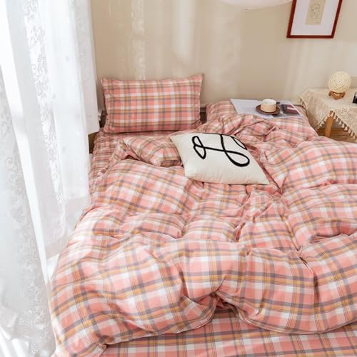 BuLuTu Pink Gingham Duvet Cover Set Twin