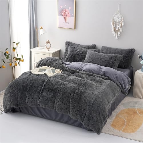 MorroMorn 5 PCS Shaggy Duvet Cover Bedding Set - Grey FullQueen 1