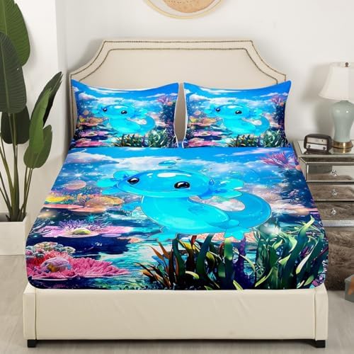 Feelyou Cute Axolotl Fitted Sheet Twin Size Kids Cartoon Bedding Set