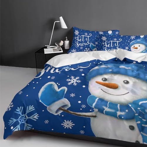 LooPoP Christmas Duvet Set 3Pc Blue Snowman Snowflake California King
