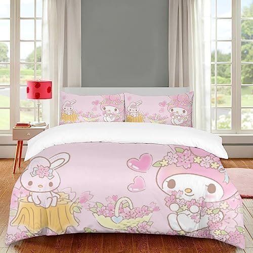 Anime My Bunny Melody Girl Duvet Cover Set 3D Printed Flowers Pink