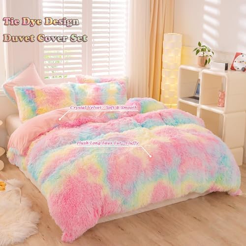 ZRNBAST Shaggy Duvet Cover Set Twin Rainbow Tie Dye Faux Fur 1