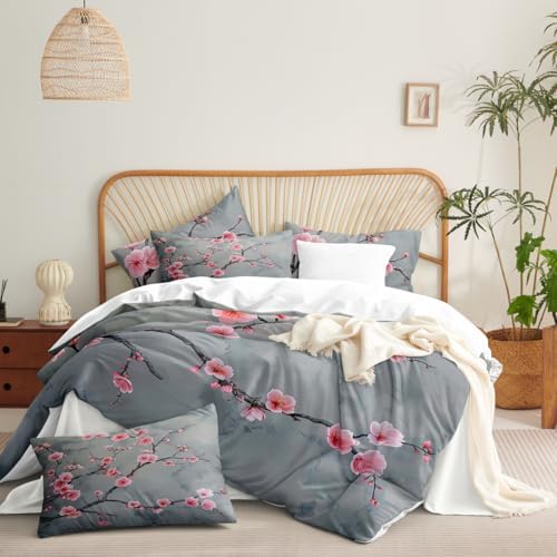 CCoutueChen Grey Pink Cherry Blossom Duvet Cover Set