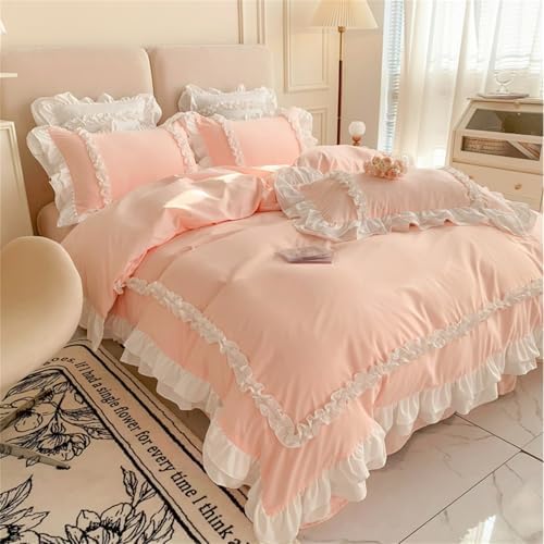 Chic Lace Bedding Set 3 Layers Ruffles Zipper Closure Pink Twin