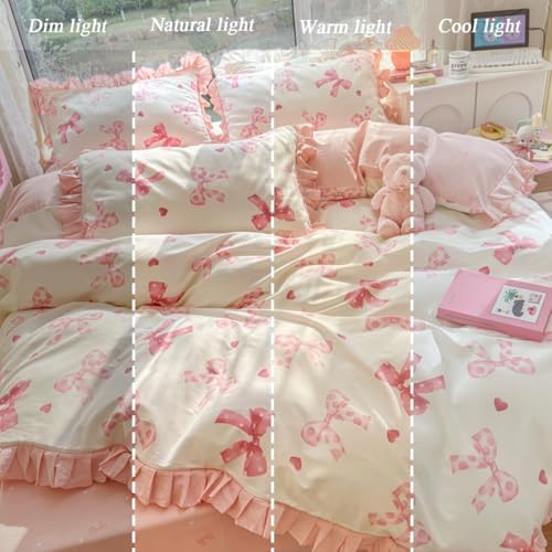 Erwinmu Queen Duvet Cover Set Pink Bow Ties Heart Reversible
