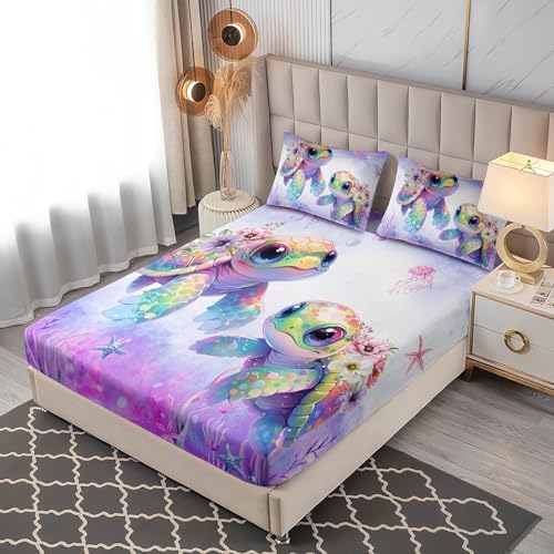 Kids Sea Turtle Twin Fitted Sheet Set with Pillowcases
