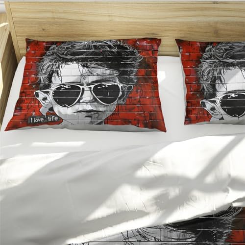 HOBBOY Red Duvet Cover Set with Boy Pattern 3pc Kids Bedroom Bedding