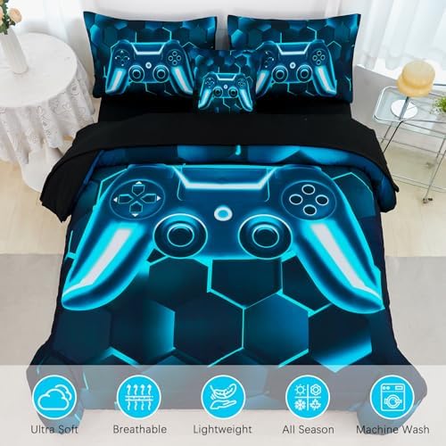 URBONUR Blue Teal Gamer Comforter Set 6-Piece