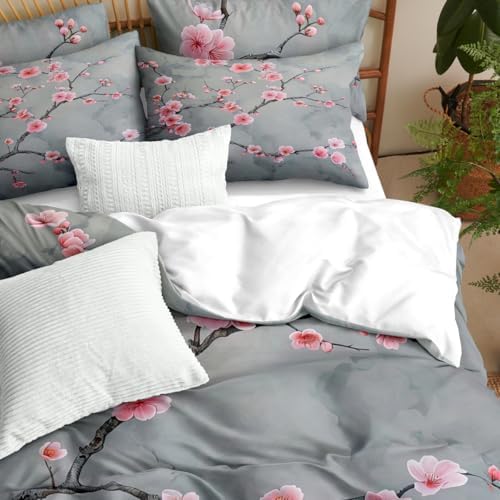 CCoutueChen Grey Pink Cherry Blossom Duvet Cover Set