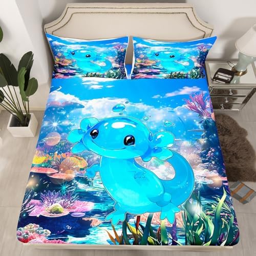Feelyou Cute Axolotl Fitted Sheet Twin Size Kids Cartoon Bedding Set